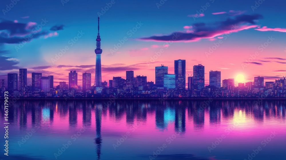 Fototapeta premium Futuristic Tokyo Skyline with Neon Reflections Ultra