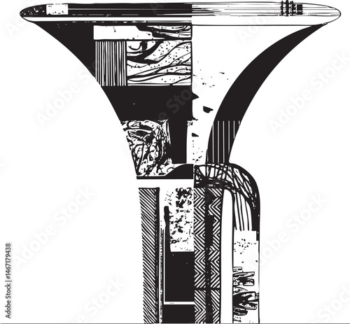 A stylized black and white of a trombone’s form.