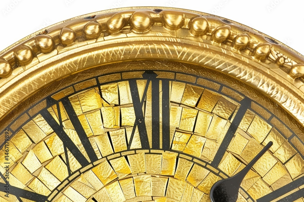 Naklejka premium Vintage clock close-up with ornate details and Roman numerals.