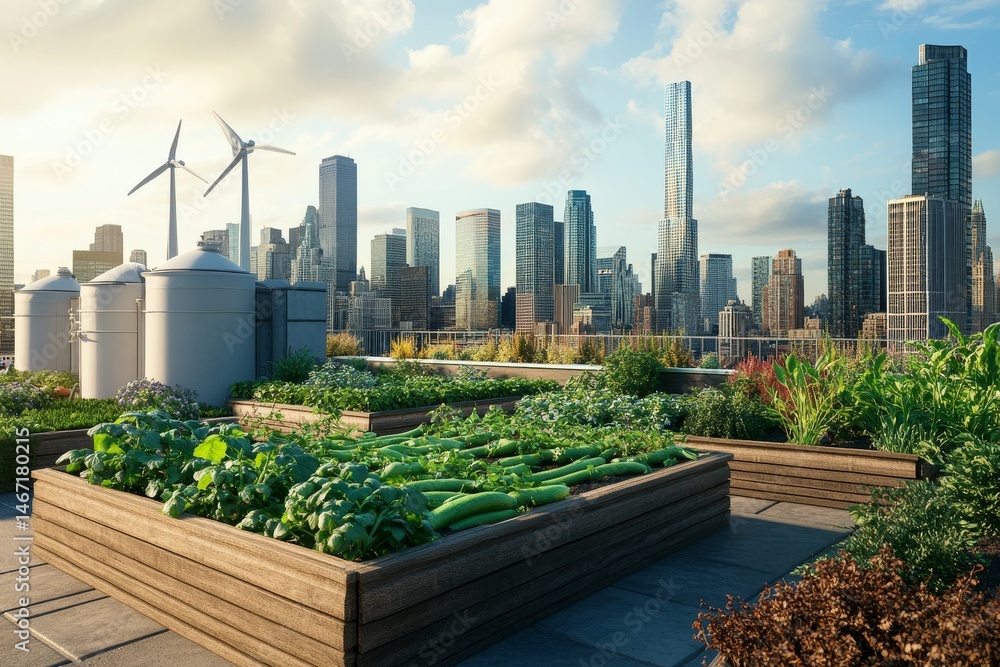 Urban rooftop garden amidst a city skyline. Urban rooftop garden amidst a city skyline.