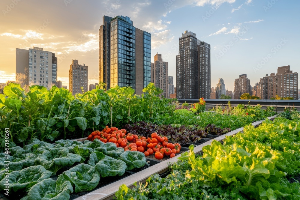 Urban rooftop garden with vegetables at sunset. Urban rooftop garden with vegetables at sunset.