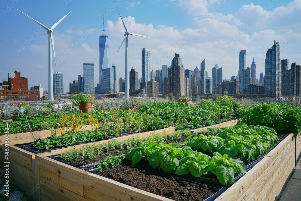 Urban rooftop garden overlooking a modern city skyline. Urban rooftop garden overlooking a modern city skyline.