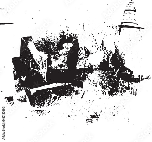 Abstract geometric shapes collide in a textured black and white composition.
