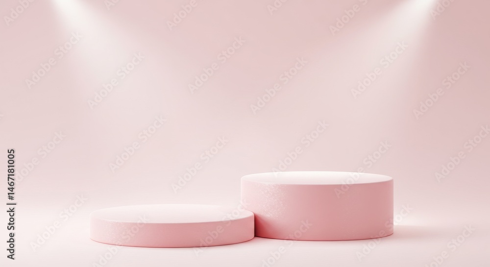 Pink Cylindrical Display Platforms - Two pink cylindrical platforms on a pink background, ideal for product display or presentation. Clean, minimalist design Pink Cylindrical Display Platforms - Two pink cylindrical platforms on a pink background, ideal for product display or presentation. Clean, minimalist design
