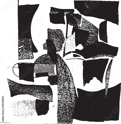 A stylized abstract figure emerges from a geometric composition of dark and light shapes.