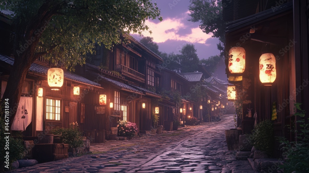 Old Kyoto Street with Glowing Lanterns at Dusk Old Kyoto Street with Glowing Lanterns at Dusk