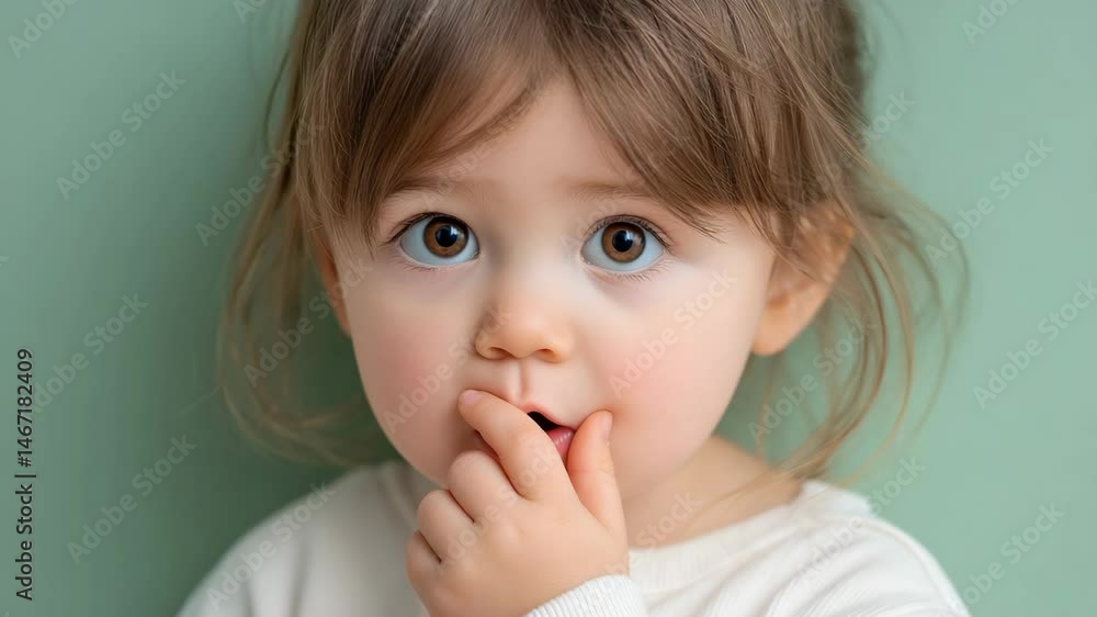 Adorable toddler girl with brown hair and big brown eyes looks at camera with finger in her mouth against pastel green background Adorable toddler girl with brown hair and big brown eyes looks at camera with finger in her mouth against pastel green background