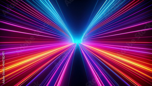 Fototapeta Naklejka Na Ścianę i Meble -  Abstract tunnel of a multicolor spectrum background. Bright rays of neon light and colorful glowing lines moving speed through the dark. 3d render