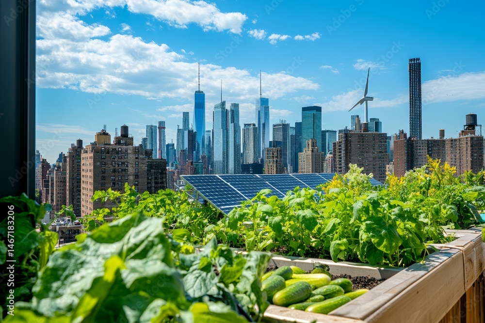 Urban rooftop garden with city view and solar panels. Urban rooftop garden with city view and solar panels.
