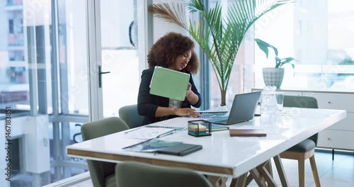 Phone call, stress and business black woman on laptop for planning, online consulting and discussion. Corporate, overwhelmed and person on tablet busy for project deadline, contact and multitask