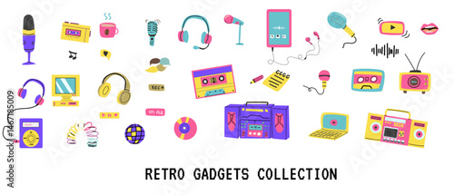 Retro gadgets collection with vintage electronics and colorful audio devices.