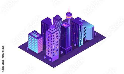 Isometric vector illustration of a modern city skyline with high-rise buildings in neon night colors. Ideal for smart city concepts, urban design, infographics, technology platforms, web interfaces