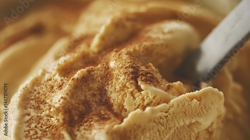 50. Close-up view of pumpkin spice ice cream with cinnamon dust on top, capturing the creamy texture