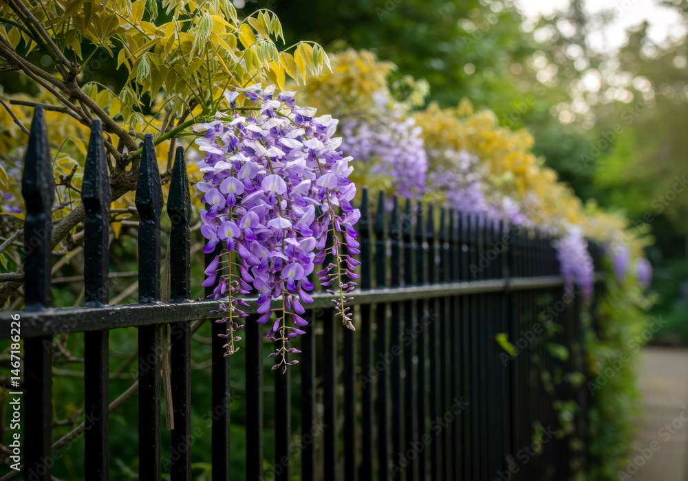 Obraz premium Wisteria Flowers Blooming on Black Metal Fence Spring Garden