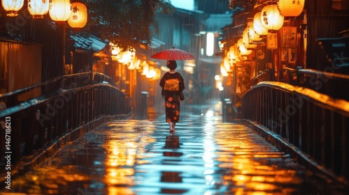 Geisha standing on a wooden bridge in the rain.