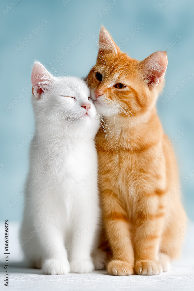 Fototapeta premium Two adorable kittens, white and ginger, cuddling together showing affection and warmth.