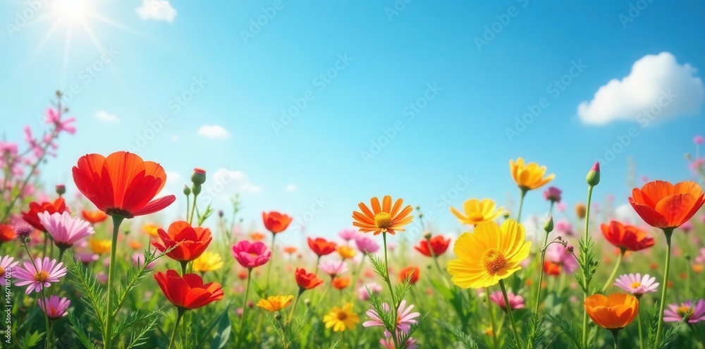 Obraz premium Wildflowers bloom brightly under a clear blue sky, wildflowers field, colorful flowers