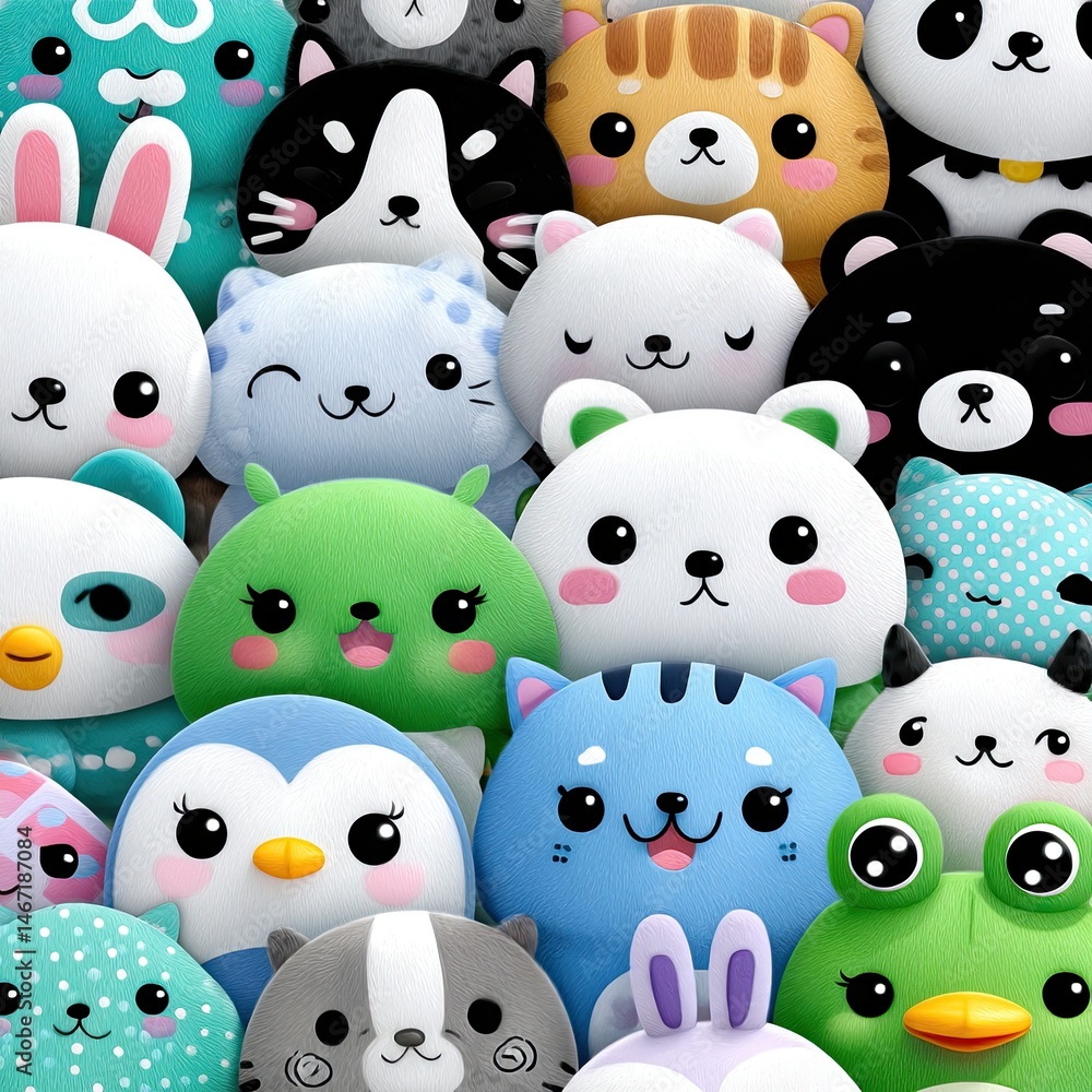 Kawaii cute animal characters seamless pattern, simple vector cartoon illustration with a colorful background Kawaii cute animal characters seamless pattern, simple vector cartoon illustration with a colorful background