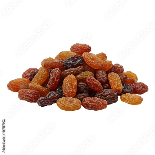 A small pile of dark raisins with natural wrinkles and shiny surface, clearly isolated on transparent background, perfect for healthy food visuals and snack packaging design.