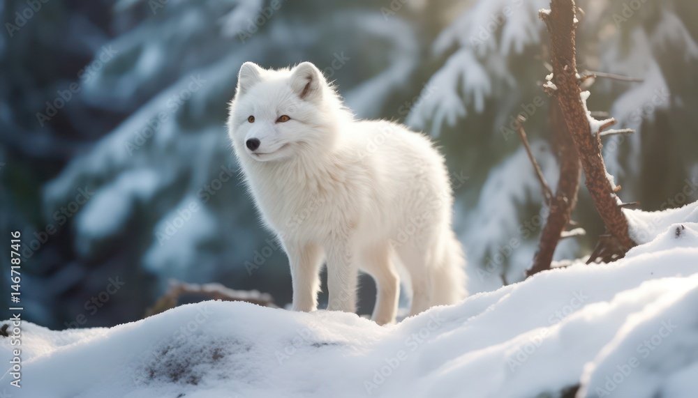Obraz premium A Arctic fox stand in the middle of a snowy pine and rock forest