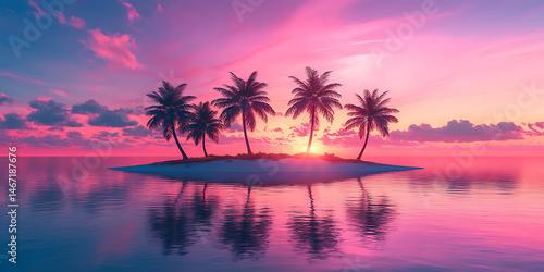 Pink Sunset Paradise Island Tropical Beach Scene