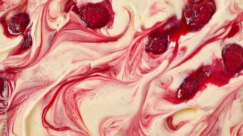 31. Close-up of raspberry ripple ice cream with a swirl of raspberry sauce through the creamy vanilla base