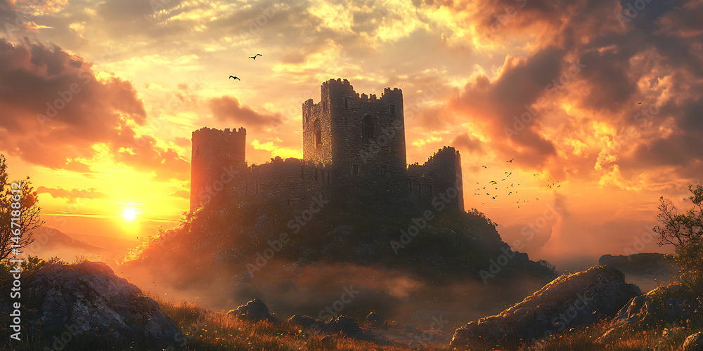 Fototapeta premium Majestic Castle Sunset Epic Fantasy Landscape Artwork