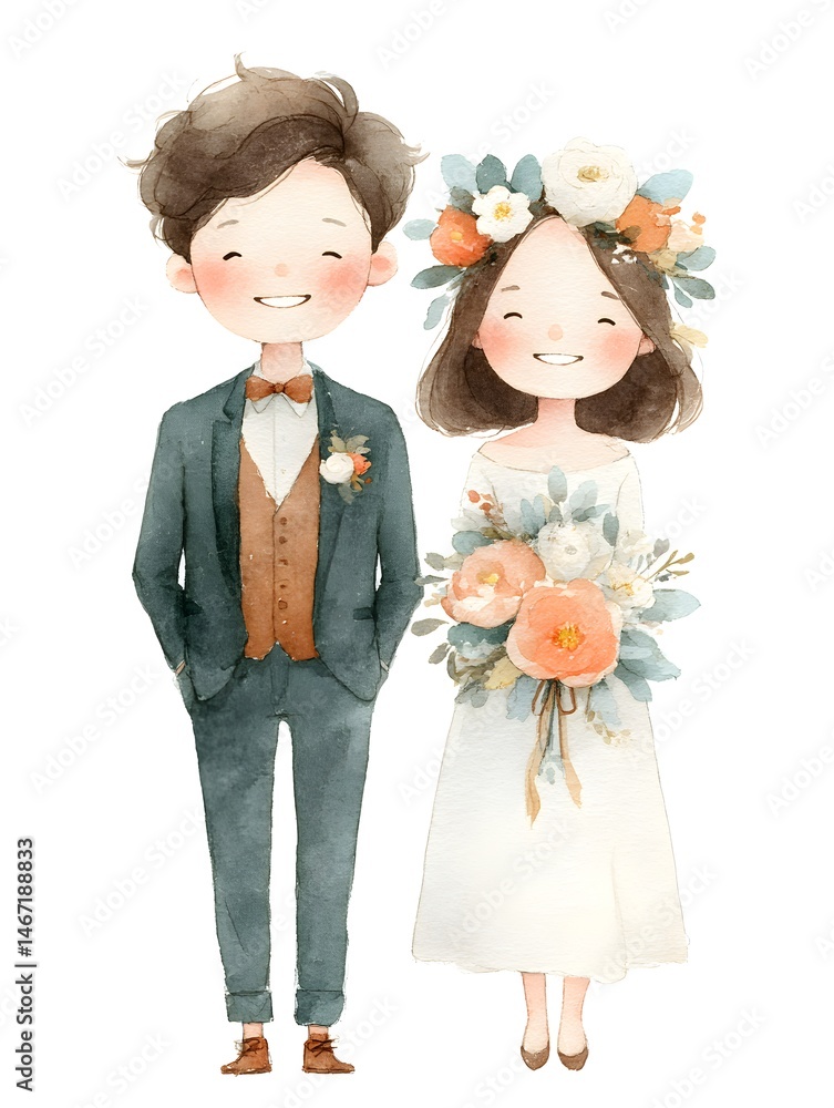 A charming watercolor illustration depicts a happy cartoon bride and groom in wedding attire standing together. A charming watercolor illustration depicts a happy cartoon bride and groom in wedding attire standing together.