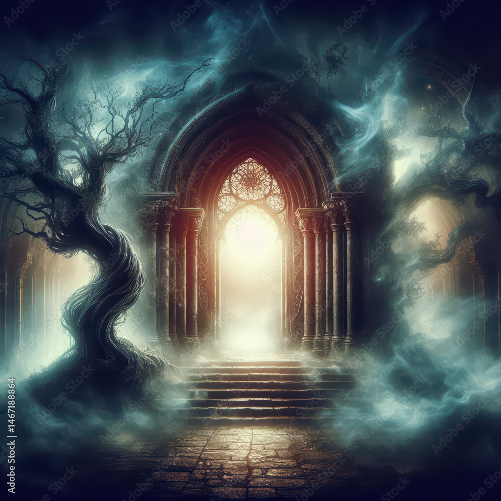 Fototapeta premium Mysterious ancient ruins with fog and twisted trees at twilight revealing an ethereal portal