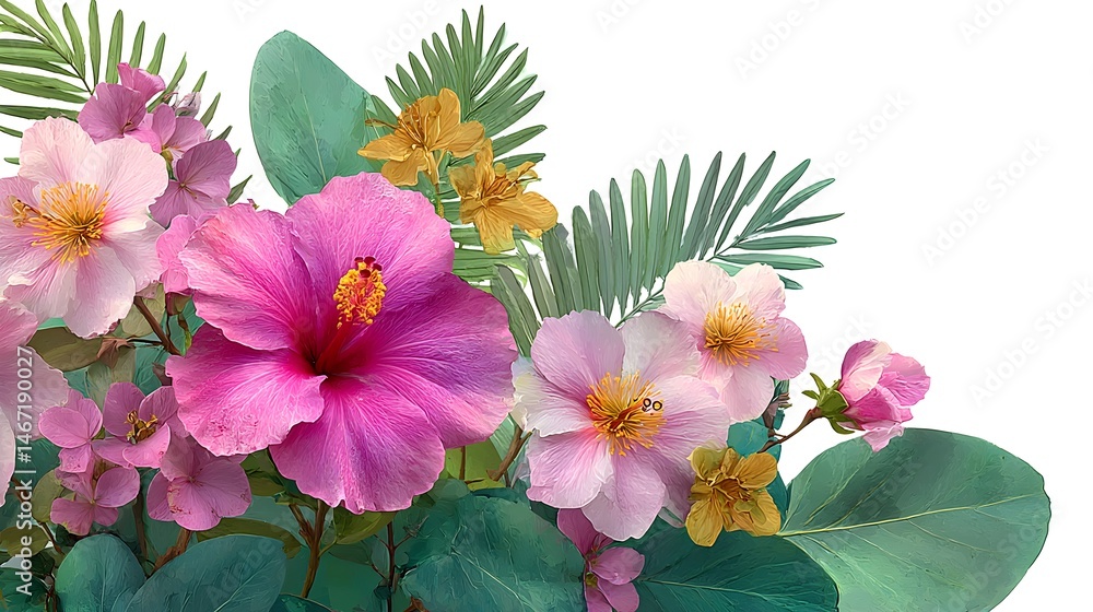 Obraz premium Vibrant pink hibiscus flowers and tropical foliage create a lush and exotic floral arrangement perfect for summer designs and backgrounds.