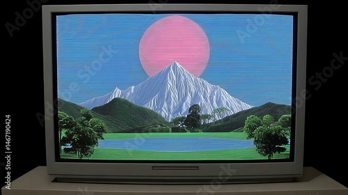 Retro TV Dreamy Mountain Sunset Landscape.