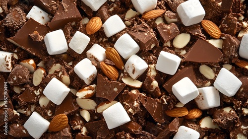 7. Close-up of rocky road ice cream with chunks of marshmallows and almonds, highlighting the rich, chocolatey texture