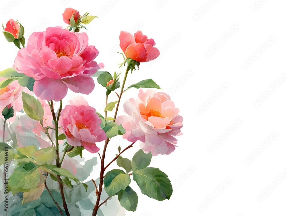 A delicate watercolor painting showcases a cluster of blooming pink and peach roses with lush green leaves against a pristine white background. A delicate watercolor painting showcases a cluster of blooming pink and peach roses with lush green leaves against a pristine white background.