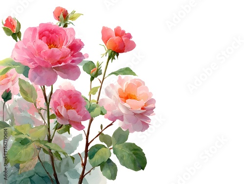 A delicate watercolor painting showcases a cluster of blooming pink and peach roses with lush green leaves against a pristine white background.