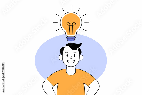 Man with lightbulb over head in flat style, blue and orange colors, symbol of inspiration