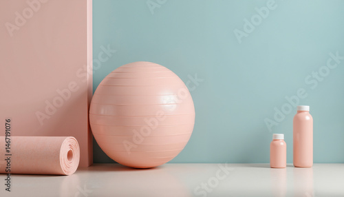 This workout space showcases a pink exercise ball, rolled mat, and two small bottles, all set against a soft blue background, creating a calm atmosphere