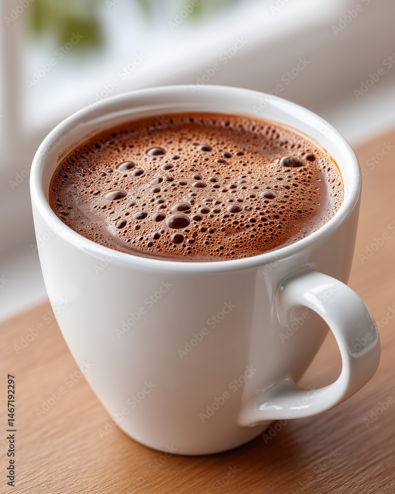 Close-Up of Foamy Hot Chocolate in White Mug on Wooden Table by Window – Cozy Morning Beverage Scene Close-Up of Foamy Hot Chocolate in White Mug on Wooden Table by Window – Cozy Morning Beverage Scene