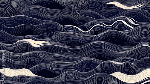 Minimalist Japanese Wave Pattern in Deep Indigo