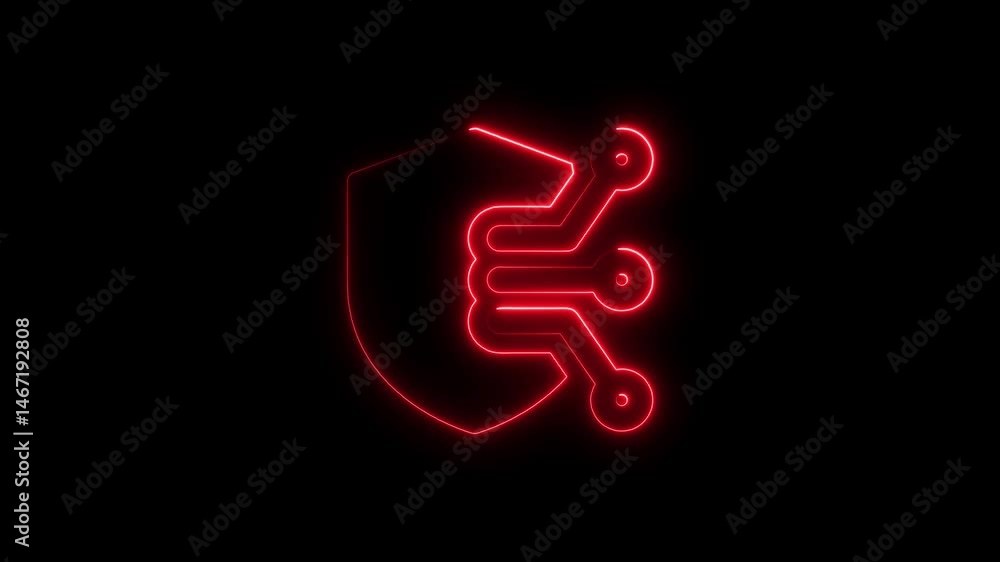 Glowing red neon cyber security shield and circuit board on black background Glowing red neon cyber security shield and circuit board on black background