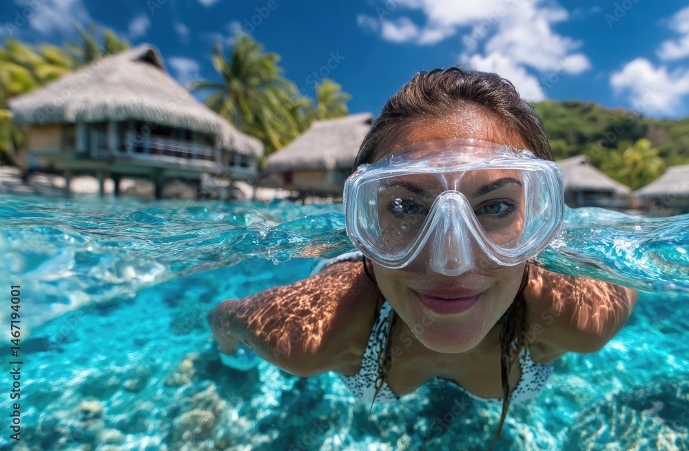 Naklejka premium a woman swimming in the clear blue water at an island resort with thatched-roof bungalows and lush greenery
