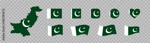 Pakistan set flag icons in various formats including map overlay, heart, circle, square, and waving flags. Isolated vector