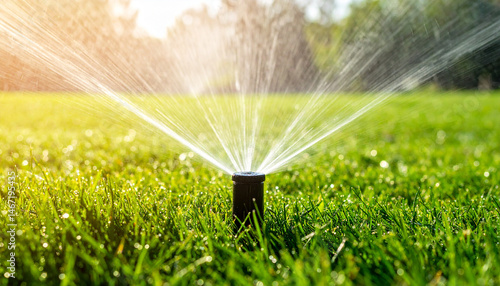 Water sprinkler head watering green grass. Green meadow. Lawn care in the garden. Irrigation system
