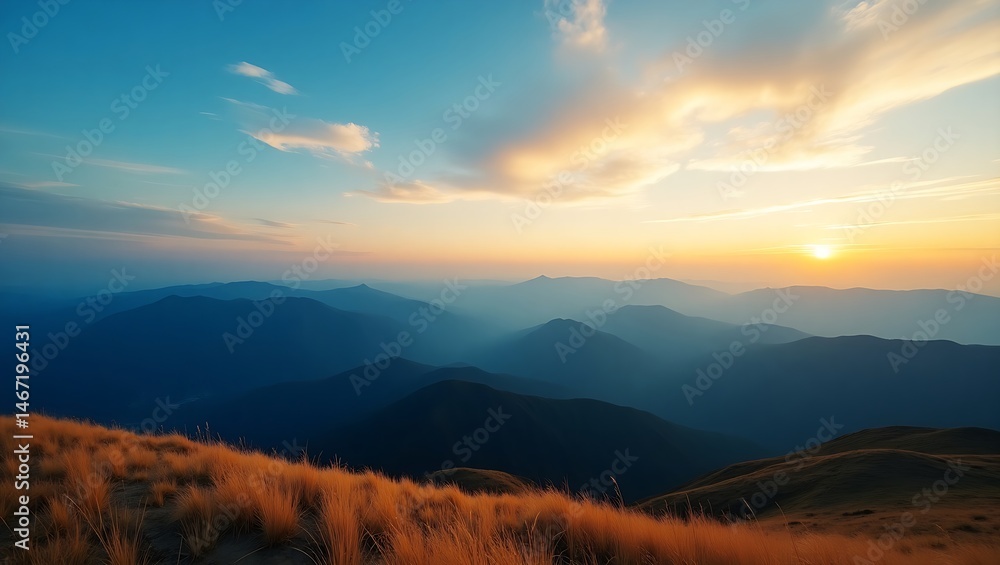 Fototapeta premium Panoramic view of majestic mountain range under a vibrant sunrise sky, golden grassy hills in foreground, misty peaks fading into tranquil natural beauty.