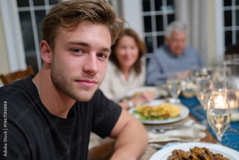 The charming young man at a dinner table captures the essence of warmth and connection amidst family, showcasing the joy of gathering and savoring delicious food together. The charming young man at a dinner table captures the essence of warmth and connection amidst family, showcasing the joy of gathering and savoring delicious food together.