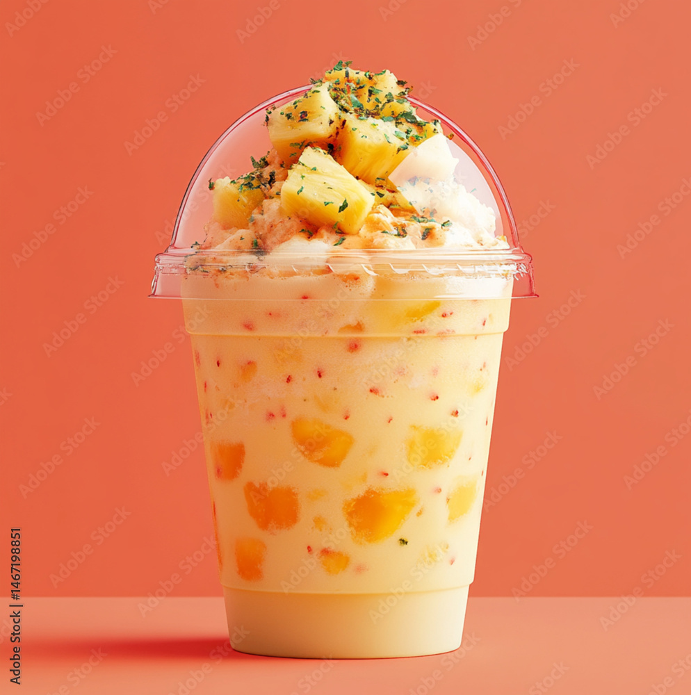 a clear dome plastic cup with shopped up pineapple with sprinkled on it on a coral color background