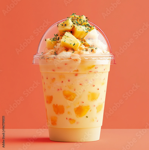 Obraz na płótnie a clear dome plastic cup with shopped up pineapple with sprinkled on it on a coral color background w salonie