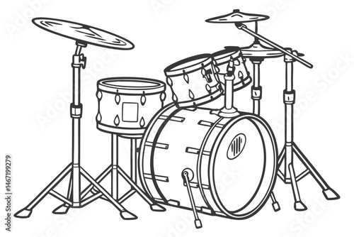 140 Drum kit illustration, black and white line drawing, detailed musical instrument, percussion set, cymbals, snare drum, bass drum, tom-toms, high-hat, drum sticks, minimalist design, clean lines, s