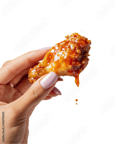Hand holding a glazed chicken wing with sauce dripping, isolated on white background, perfect for food photography