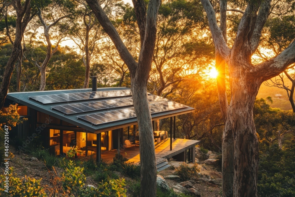 Naklejka premium Picturesque mountain cabin nestled within a lush forest at sunset.