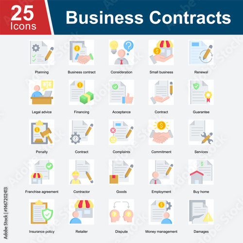 Business Contract is a collection of icons that represent various elements of business agreements, including contract terms, legal advice, financing, dispute resolution, penalties.